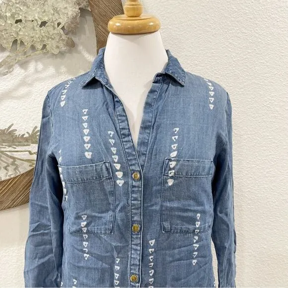 NWT Anthropologie Cloth &amp; Stone Patterned Raw Edge Denim Chambray Shirtdress XS