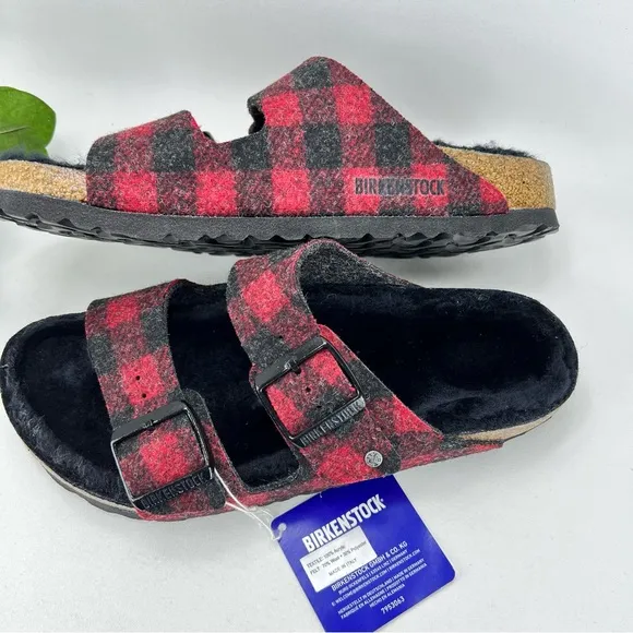 NWT Arizona Shearling Plaid Red Sandal by Birkenstock (B38-17)