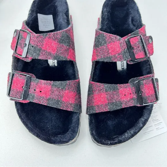 NWT Arizona Shearling Plaid Red Sandal by Birkenstock (B38-17)