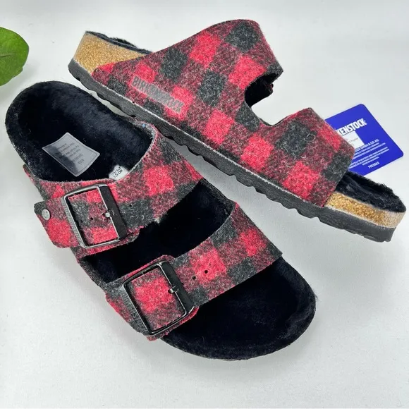 NWT Arizona Shearling Plaid Red Sandal by Birkenstock (B38-17)