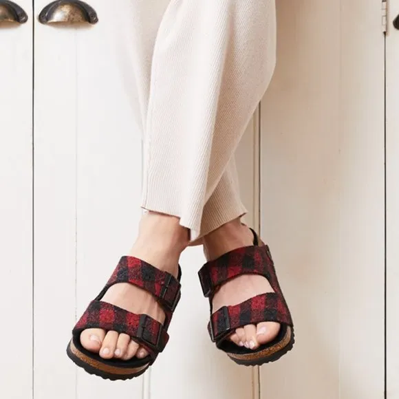 NWT Arizona Shearling Plaid Red Sandal by Birkenstock (B38-17)