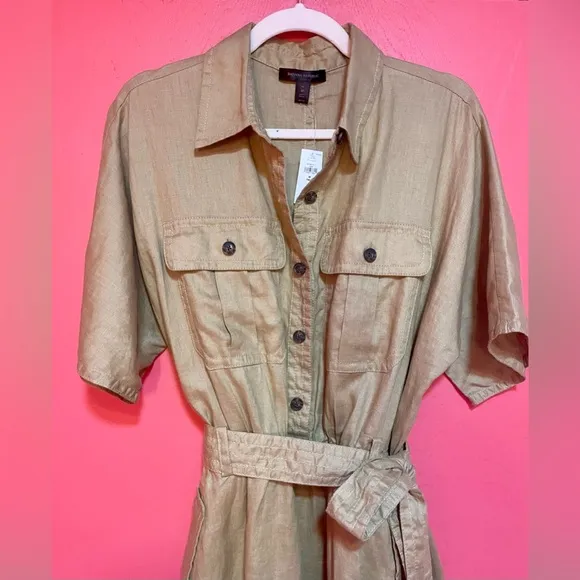 NWT Banana Republic Linen Utility Safari Shirt Dress Tan size Medium TALL