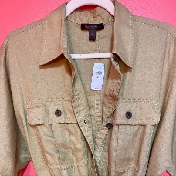 NWT Banana Republic Linen Utility Safari Shirt Dress Tan size Medium TALL