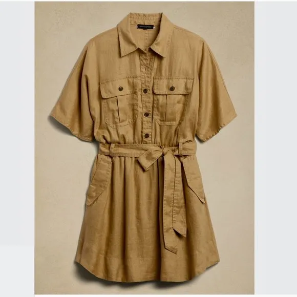 NWT Banana Republic Linen Utility Safari Shirt Dress Tan size Medium TALL