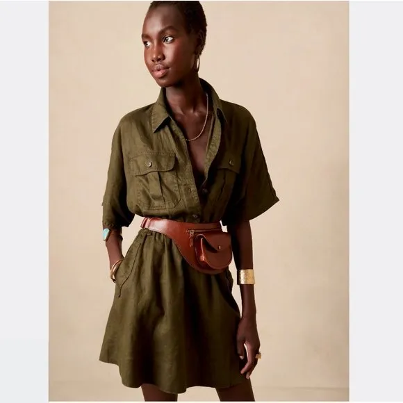 NWT Banana Republic Linen Utility Safari Shirt Dress Tan size Medium TALL