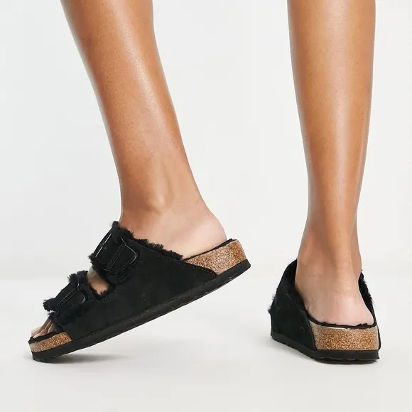 NWT Birkenstock Arizona Shearling Sandals Black Size 38 US 7