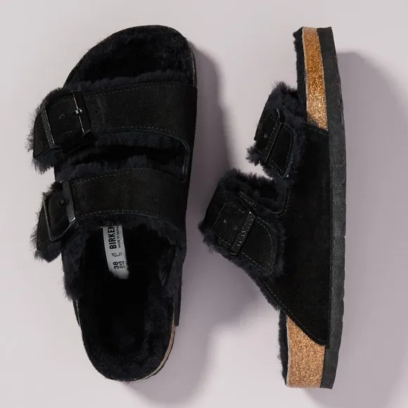 NWT Birkenstock Arizona Shearling Sandals Black Size 38 US 7