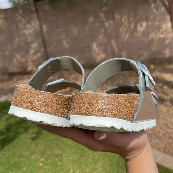 NWT BIRKENSTOCK Metallic Silver Soft Footbed Sandals!