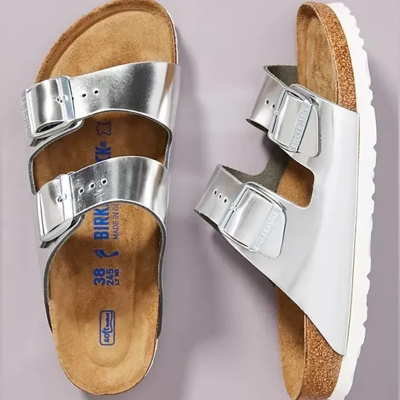 NWT BIRKENSTOCK Metallic Silver Soft Footbed Sandals!