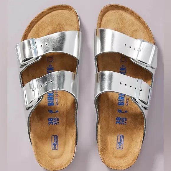 NWT BIRKENSTOCK Metallic Silver Soft Footbed Sandals!