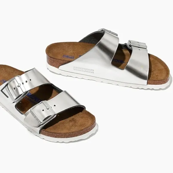 NWT BIRKENSTOCK Metallic Silver Soft Footbed Sandals!