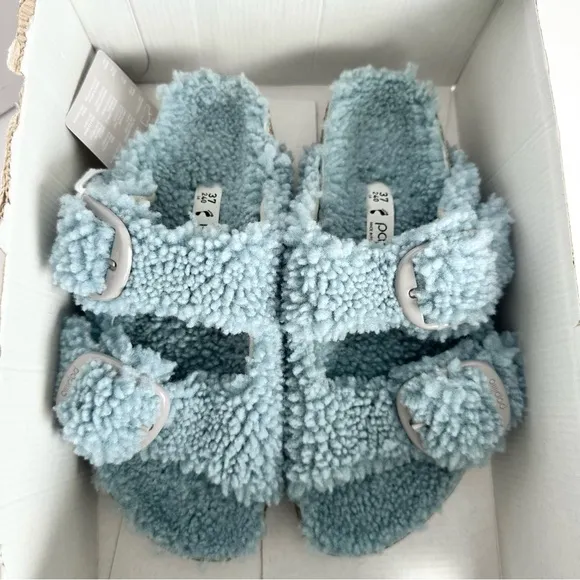 NWT Birkenstock Papillio Arizona Big Buckle Shearling fuzzy sandal blue 37/6