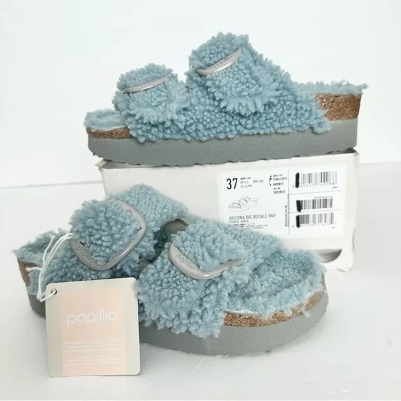 NWT Birkenstock Papillio Arizona Big Buckle Shearling fuzzy sandal blue 37/6