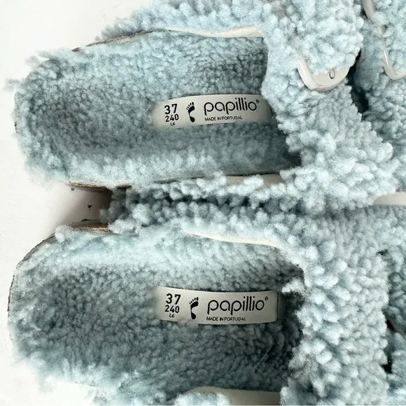 NWT Birkenstock Papillio Arizona Big Buckle Shearling fuzzy sandal blue 37/6