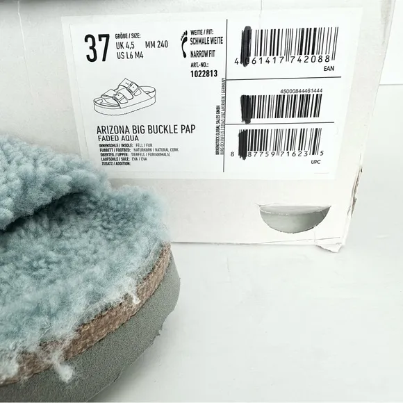 NWT Birkenstock Papillio Arizona Big Buckle Shearling fuzzy sandal blue 37/6