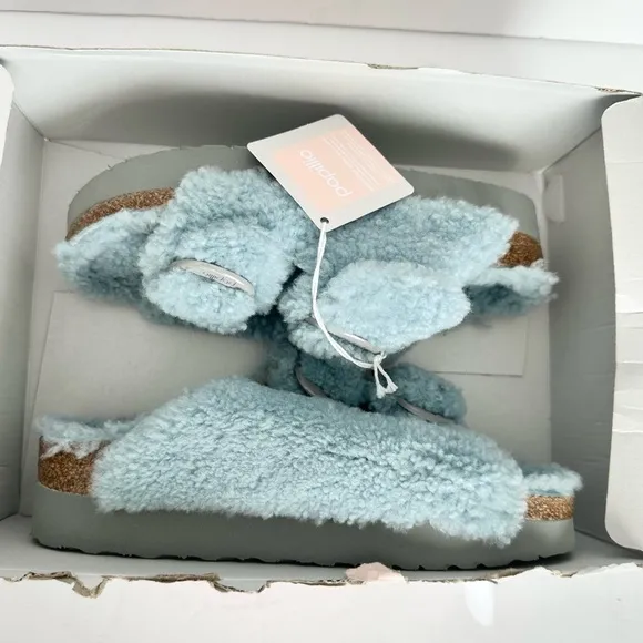 NWT Birkenstock Papillio Arizona Big Buckle Shearling fuzzy sandal blue 38/7