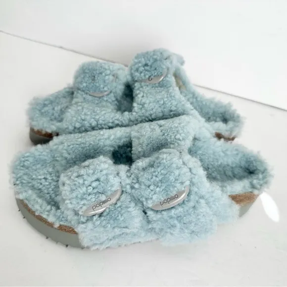 NWT Birkenstock Papillio Arizona Big Buckle Shearling fuzzy sandal blue 38/7