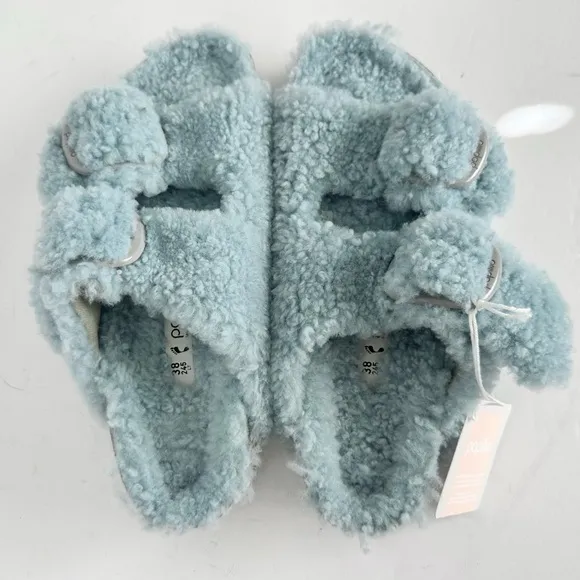 NWT Birkenstock Papillio Arizona Big Buckle Shearling fuzzy sandal blue 38/7