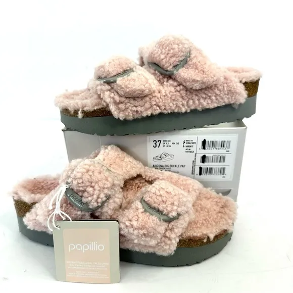 NWT Birkenstock Papillio Arizona Big Buckle Shearling fuzzy sandal pink 38/7