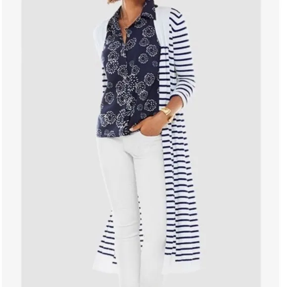 NWT cabi Victory Sweater in Navy and White Stripe