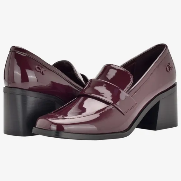 NWT Calvin Klein Ventice 2 Dark Red Patent Heeled Loafers Size 10M.