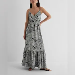NWT Express Floral Satin Wrap Front Tiered Maxi Dress