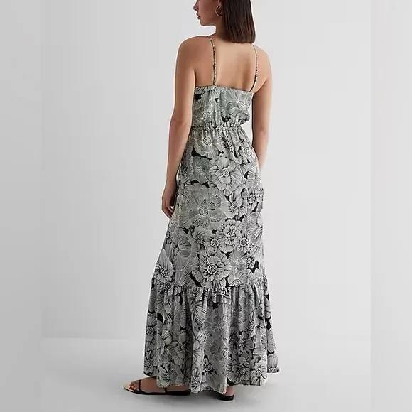 NWT Express Floral Satin Wrap Front Tiered Maxi Dress