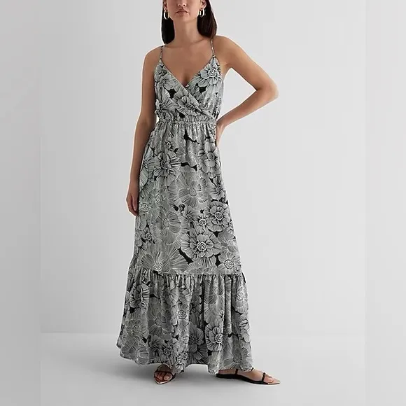 NWT Express Floral Satin Wrap Front Tiered Maxi Dress