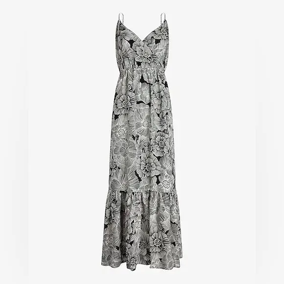NWT Express Floral Satin Wrap Front Tiered Maxi Dress