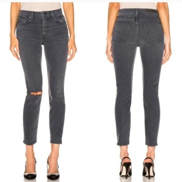 NWT GRLFRND Karolina busted knee gray denim high waist straight jean 32 new