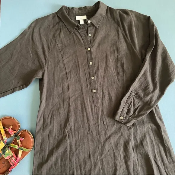 NWT J. Jill River Rock Gray Linen Side Button Long Sleeve Maxi Dress