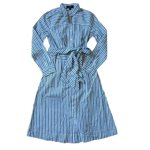 NWT J.Crew Tie Waist Shirt Dress in Navy Alpine Stripe Button Down Shirt Dress 4
