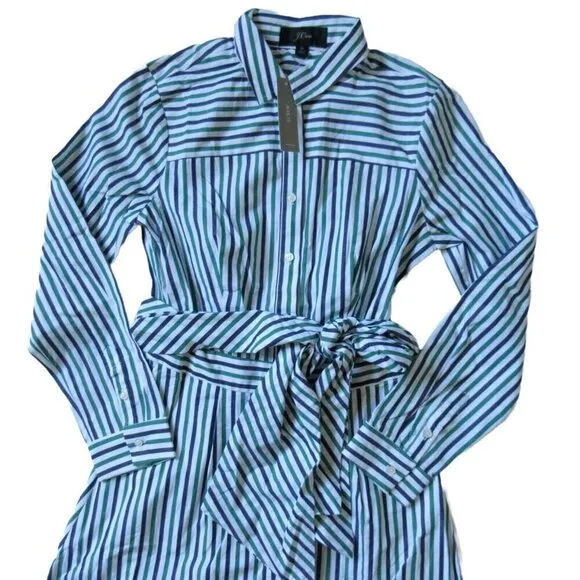 NWT J.Crew Tie Waist Shirt Dress in Navy Alpine Stripe Button Down Shirt Dress 4