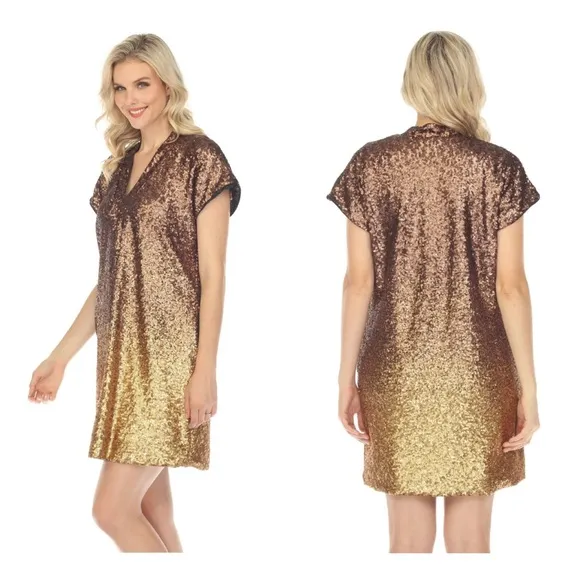 NWT Johnny Was Sequin Gold Alma V-Neck Shift Mini Dress Boho Chic Ombre Size XL