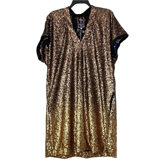 NWT Johnny Was Sequin Gold Alma V-Neck Shift Mini Dress Boho Chic Ombre Size XL