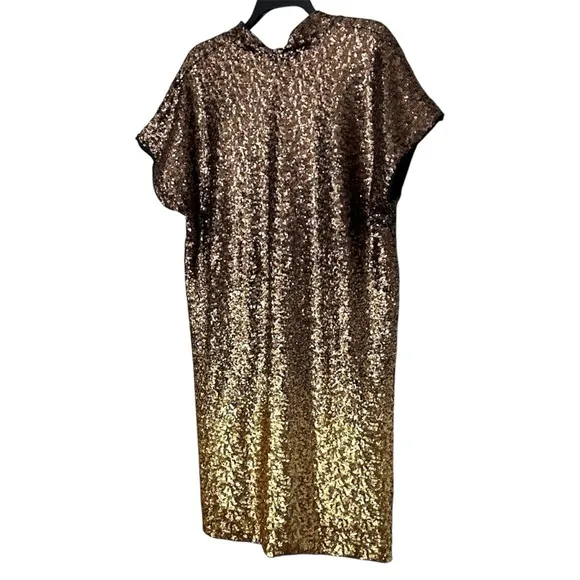 NWT Johnny Was Sequin Gold Alma V-Neck Shift Mini Dress Boho Chic Ombre Size XL
