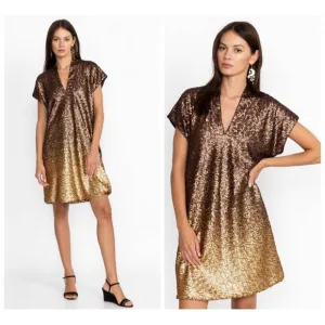 NWT Johnny Was Sequin Gold Alma V-Neck Shift Mini Dress Boho Chic Ombre Size XL