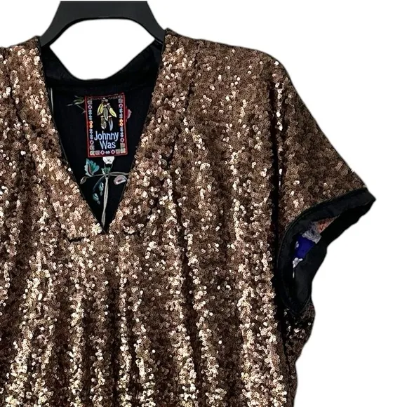 NWT Johnny Was Sequin Gold Alma V-Neck Shift Mini Dress Boho Chic Ombre Size XL