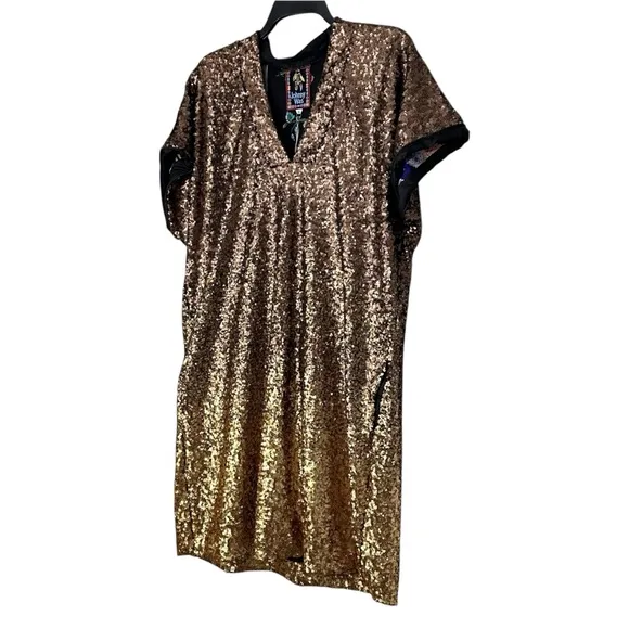 NWT Johnny Was Sequin Gold Alma V-Neck Shift Mini Dress Boho Chic Ombre Size XL