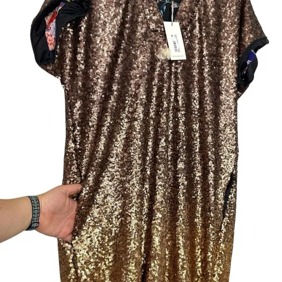 NWT Johnny Was Sequin Gold Alma V-Neck Shift Mini Dress Boho Chic Ombre Size XL