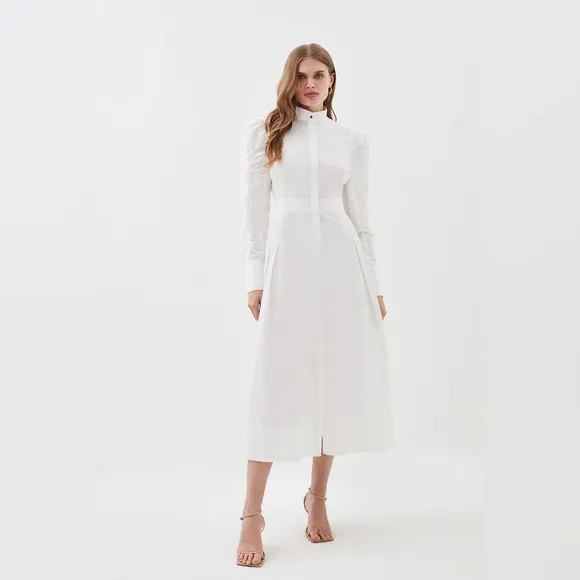 NWT Karen Millen x Lydia Petite Cotton Woven Midi Dress in Ivory