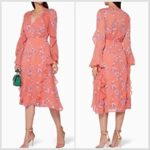 NWT LA MAISON TALULAH Sonder coral floral long sleeve ruffle midi dress Sz M