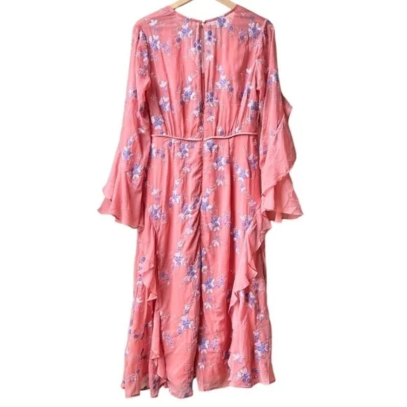 NWT LA MAISON TALULAH Sonder coral floral long sleeve ruffle midi dress Sz M
