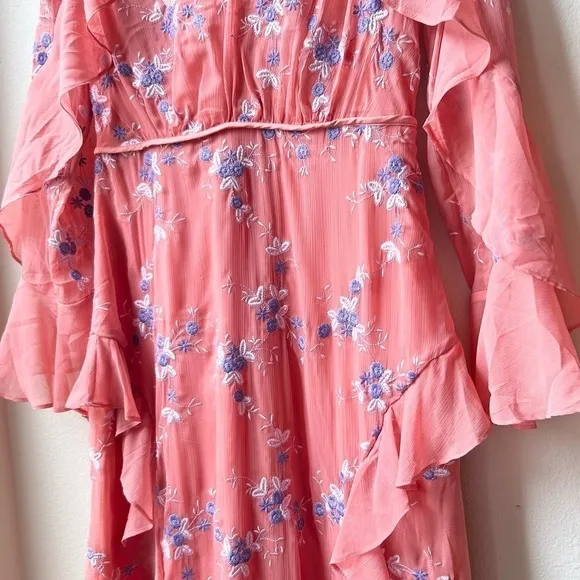 NWT LA MAISON TALULAH Sonder coral floral long sleeve ruffle midi dress Sz M