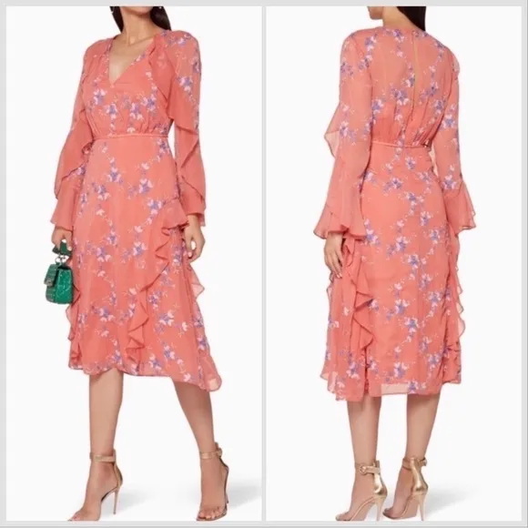 NWT LA MAISON TALULAH Sonder coral floral long sleeve ruffle midi dress Sz M