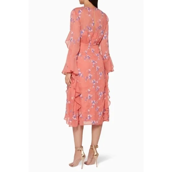 NWT LA MAISON TALULAH Sonder coral floral long sleeve ruffle midi dress Sz M