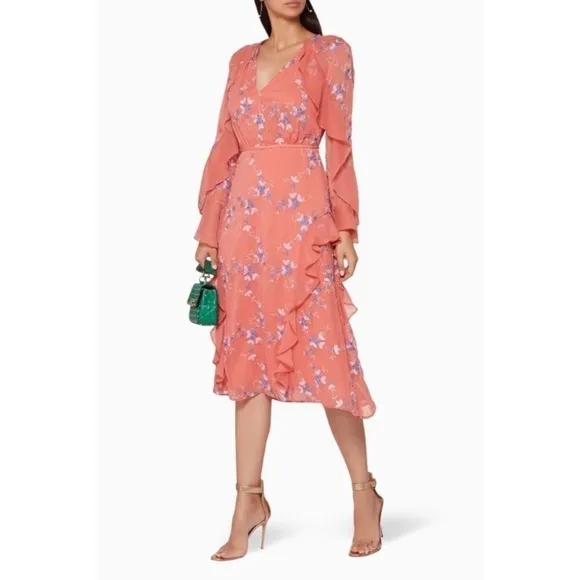 NWT LA MAISON TALULAH Sonder coral floral long sleeve ruffle midi dress Sz M