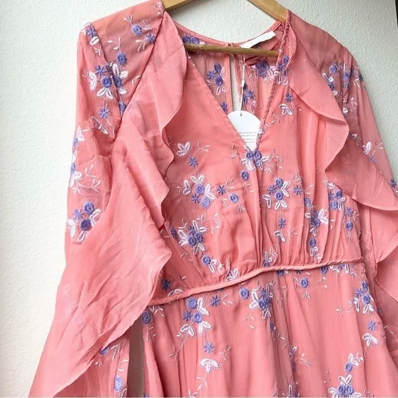 NWT LA MAISON TALULAH Sonder coral floral long sleeve ruffle midi dress Sz M