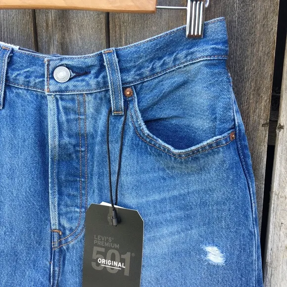 NWT Levi’s 501 High Rise Straight Leg Distressed Jean Athens Crown Blue 28