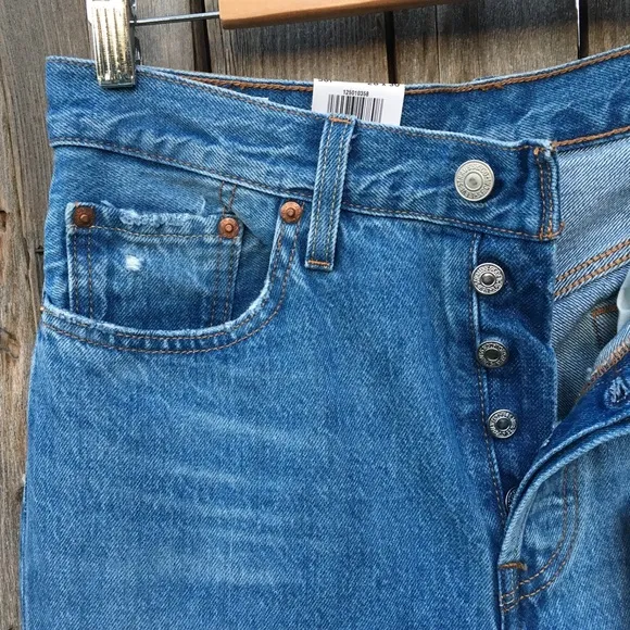 NWT Levi’s 501 High Rise Straight Leg Distressed Jean Athens Crown Blue 28